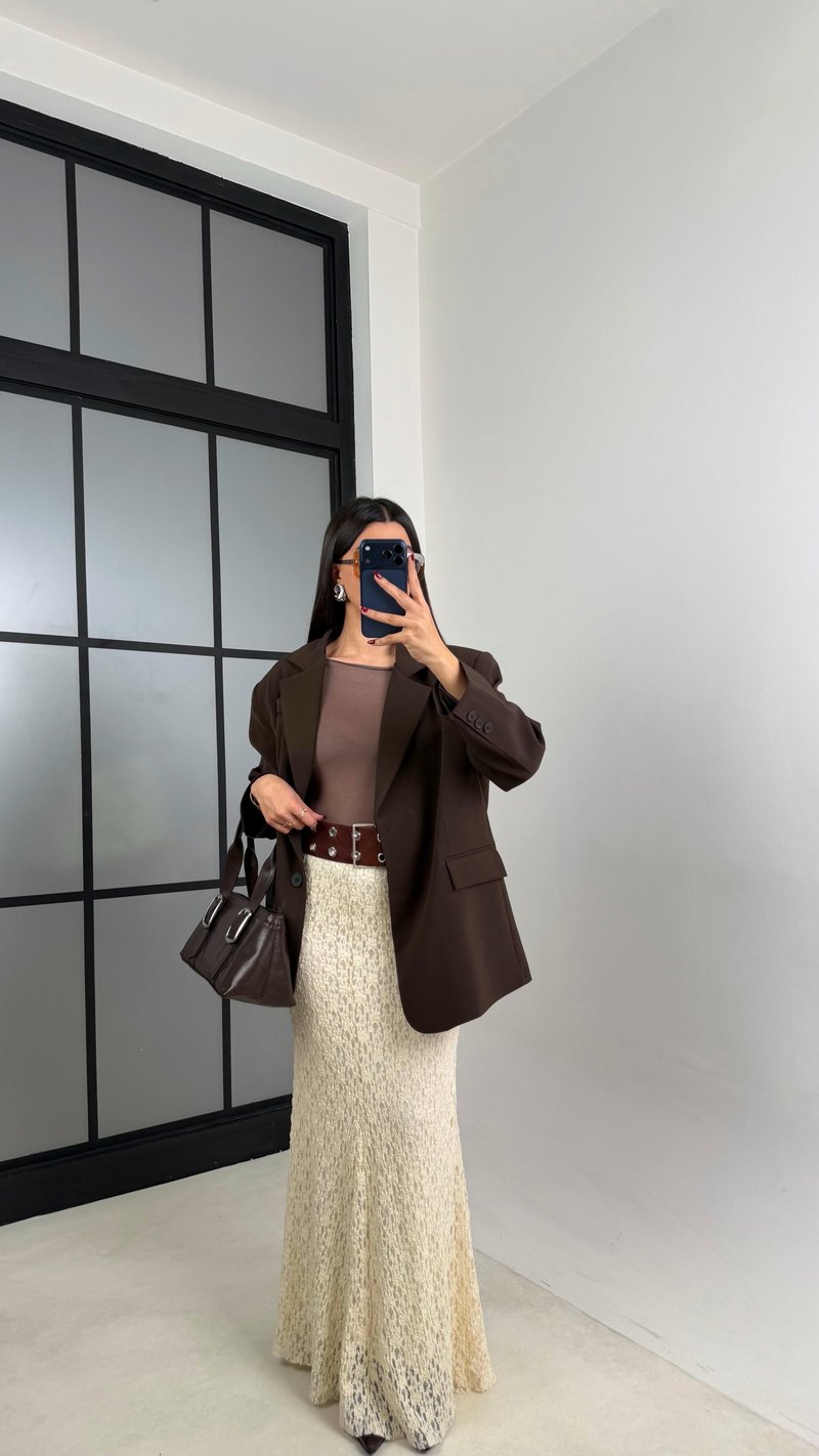 Ekru Maxi Boy Full Astarlı Dantel Etek GAUS-00714