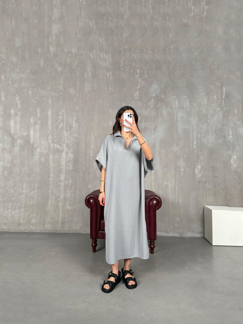 Gri V Polo Yaka Yandan Yırtmaçlı Keten Elbise Gaus00164
