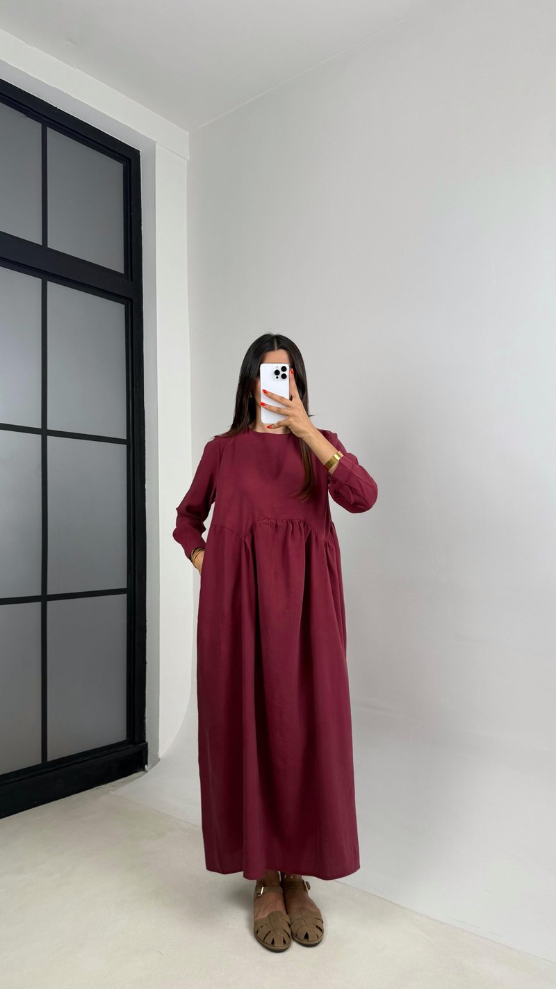 Bordo Altı Balon Uzun Kol Cep Detaylı Tencel Pinterest Elbise GAUS-0025
