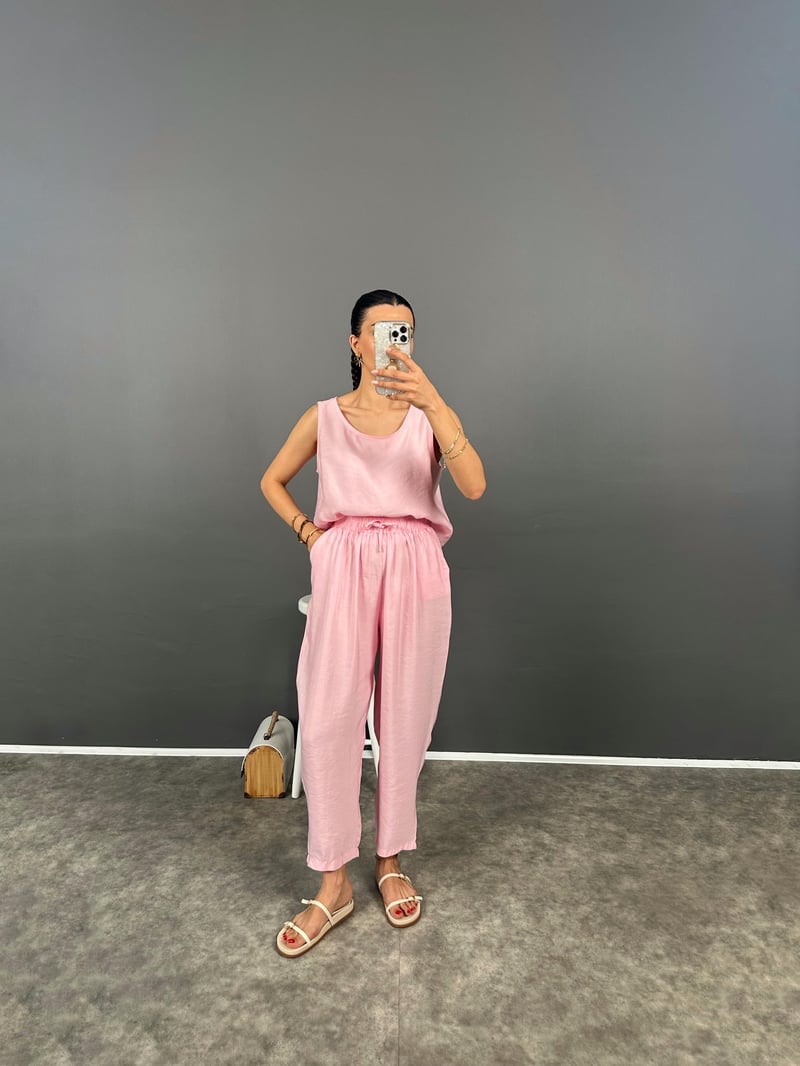 Viro Şeker Pembe İthal Kumaş Harem Pantolon Bluz İkili Takım