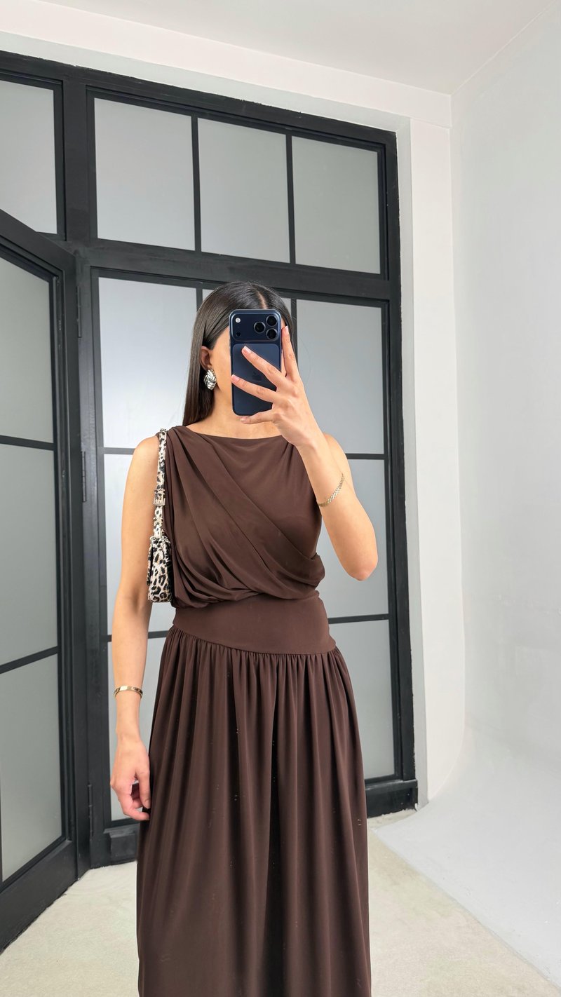 Kahve Sıfır Kol Twst Model Tasarım Elbise GAUS-01362