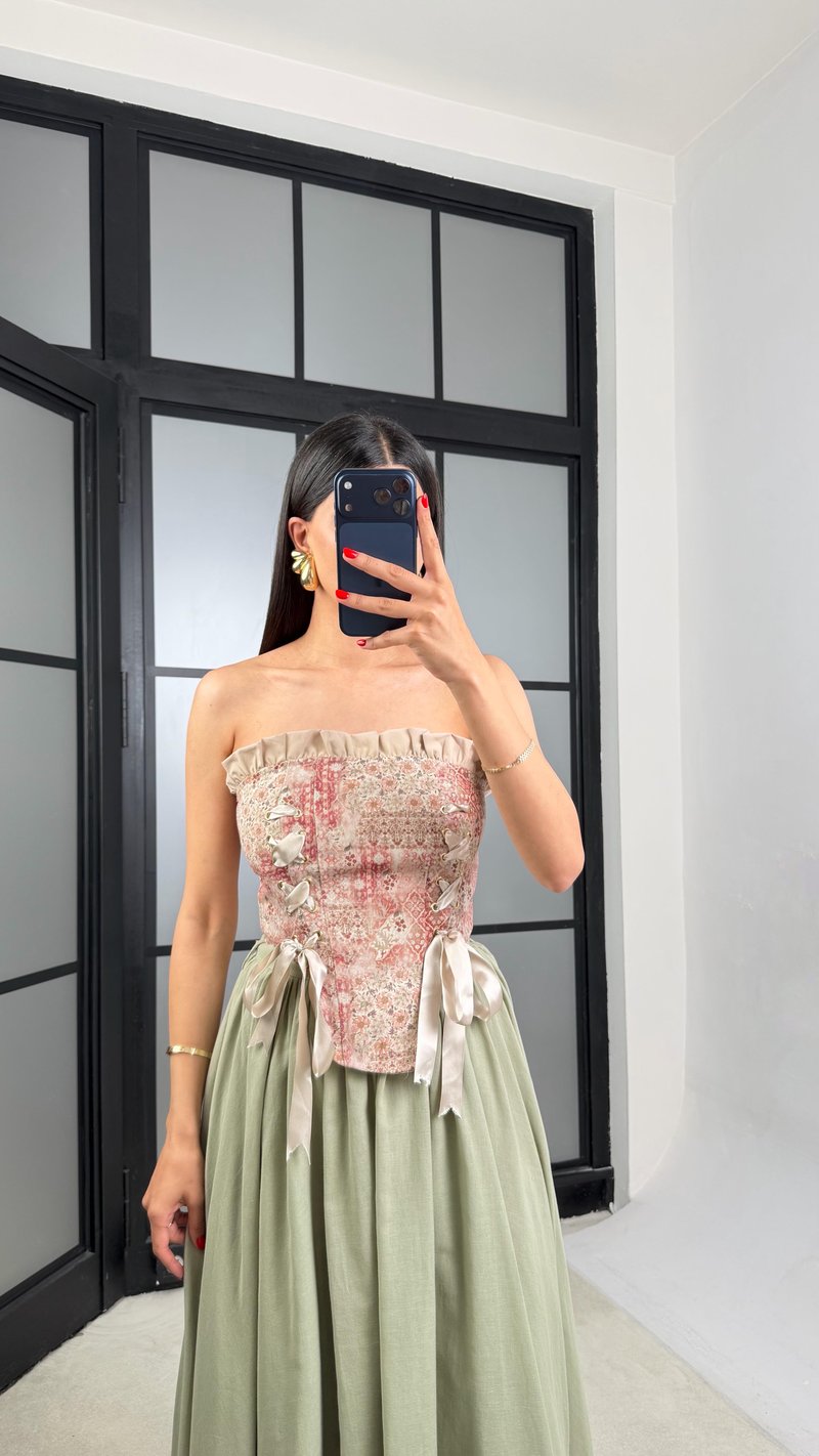 Pudra Pembe Çiçek Desenli Korse GAUS-01552