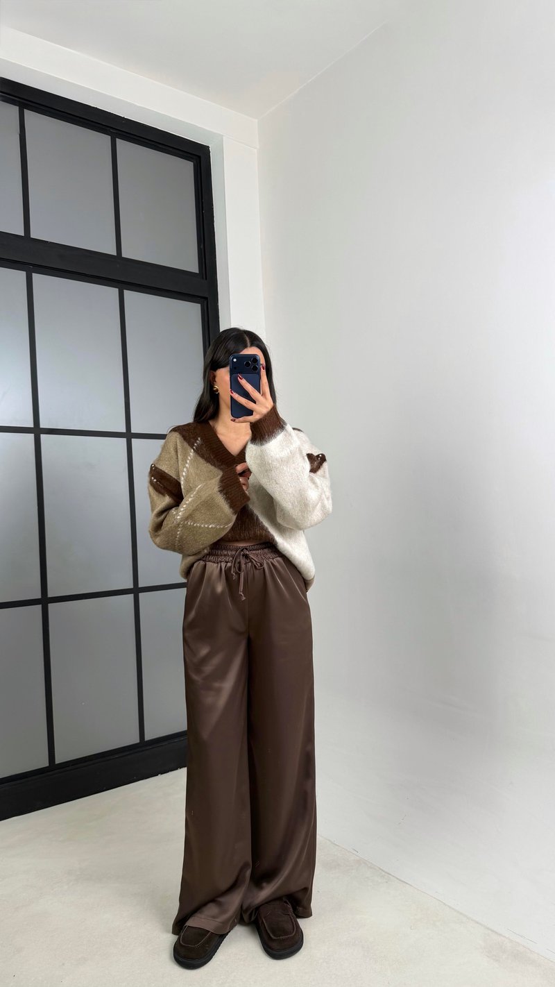 Kahve Beli Lastikli Saten Pantolon GAUS-00696