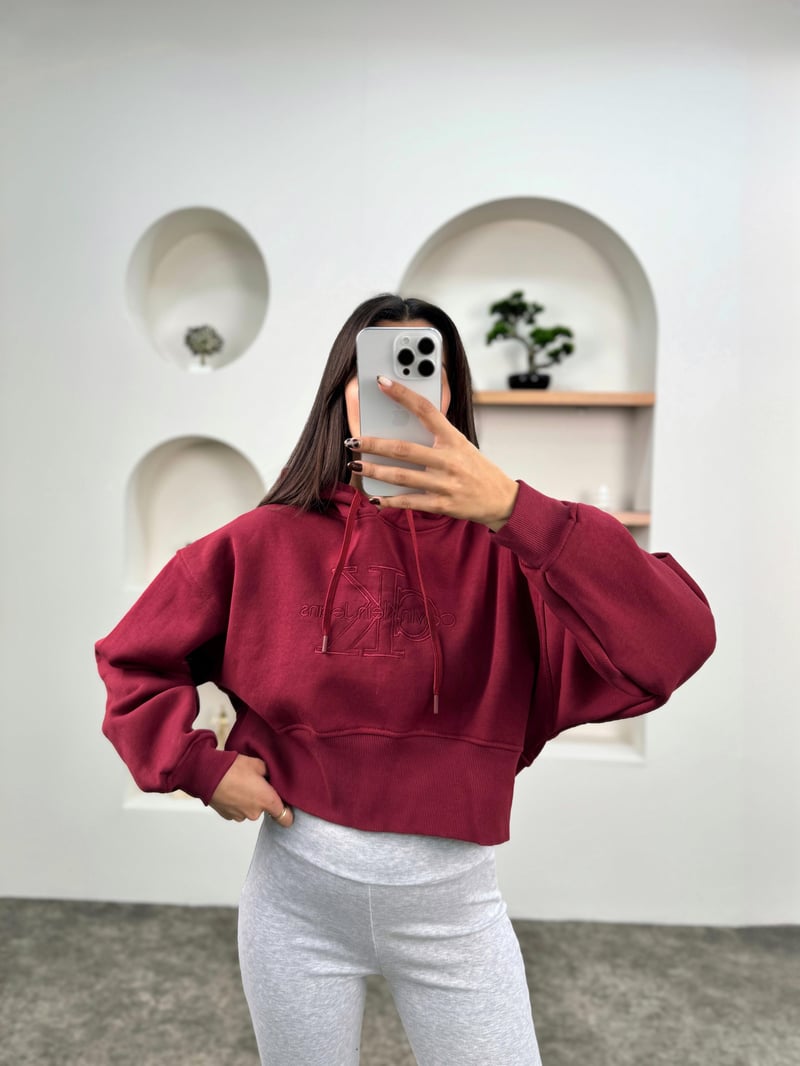 Jime Bordo Muadil Crop Kapüşonlu  Şardonlu Sweatshirt