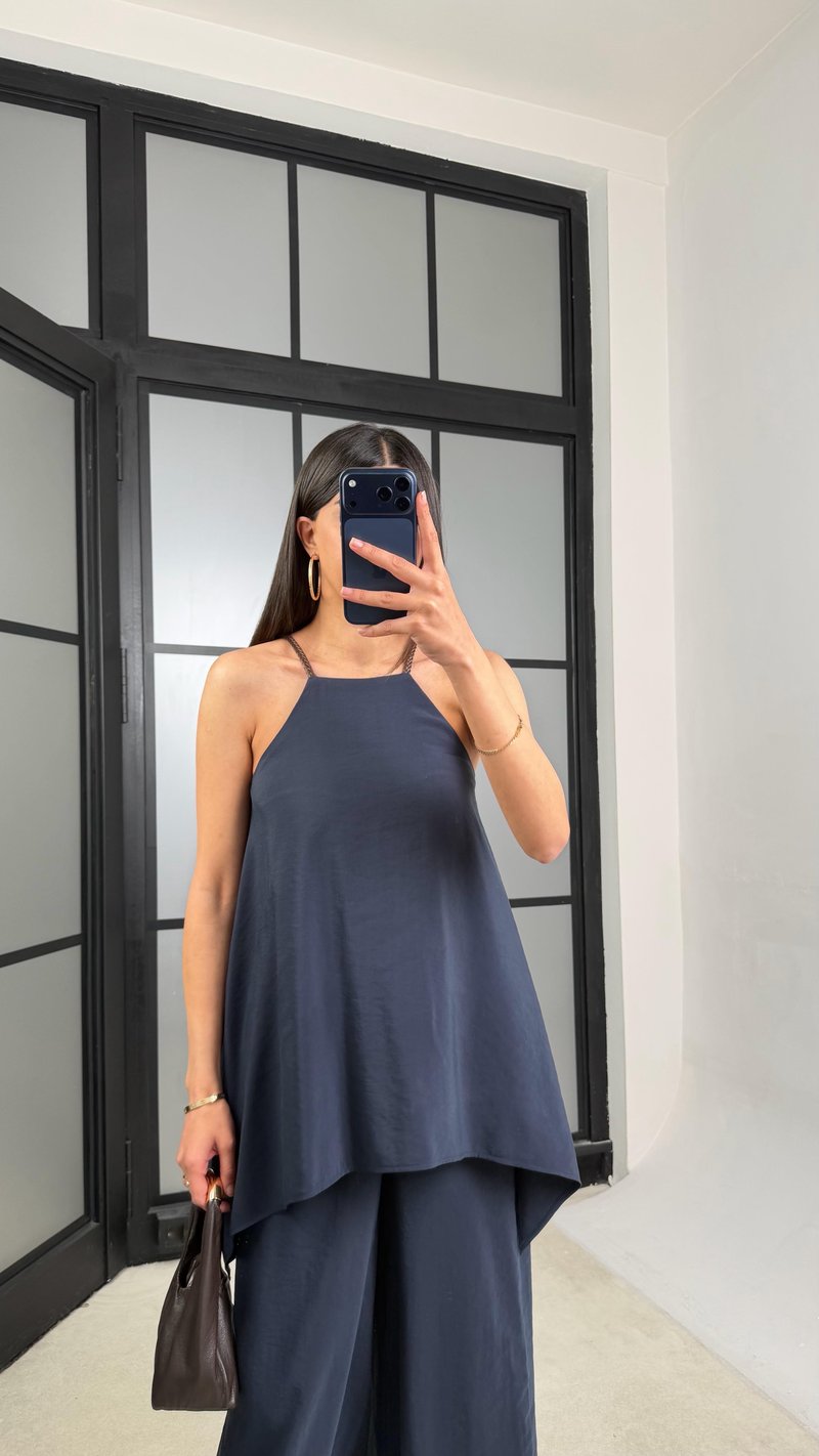 Lacivert Örgü Askılı Tencel Tulum GAUS-01436