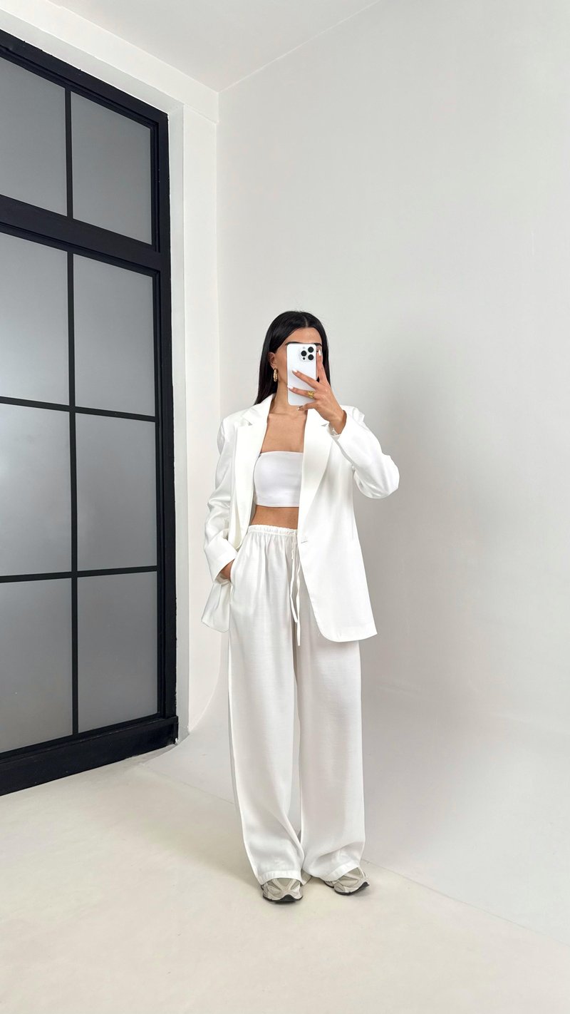 Beyaz Astarlı Blazer Ceket Beli Lastikli Pantolon Tensel Takım Gaus00444