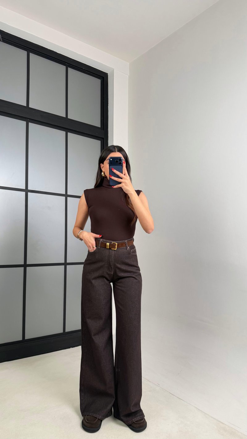 Acı Kahve Yüksek Bel Kemerli Eskitme Jean GAUS-00927