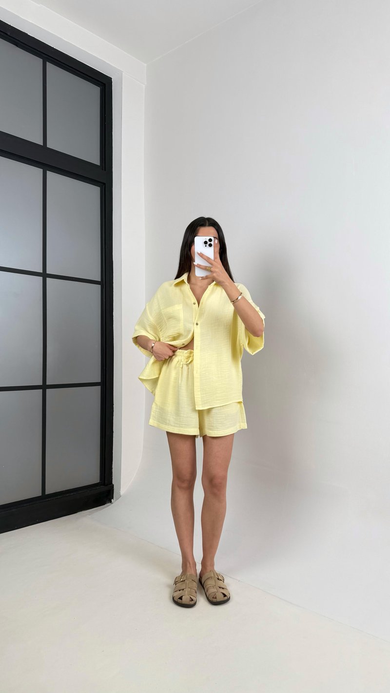 Sarı Cepli Gömlek Beli Lastikli Şort Müslin Takım Gaus00445