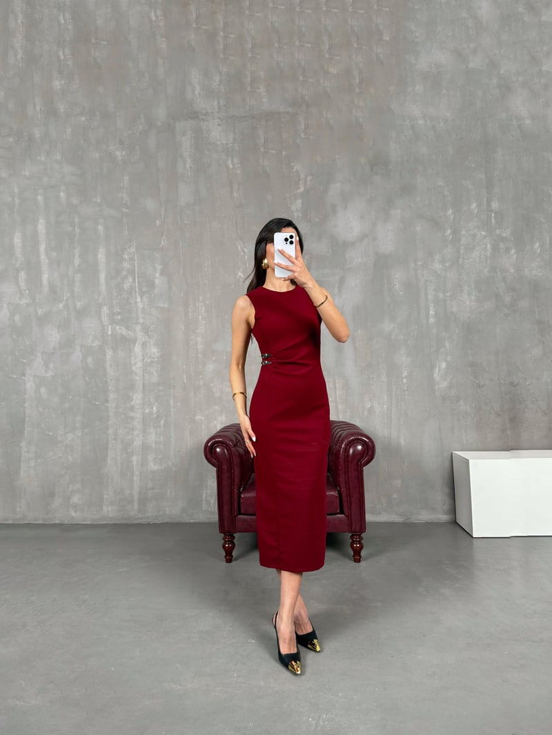 Burgundy Side Mini Belt Detailed Dress Gaus00055