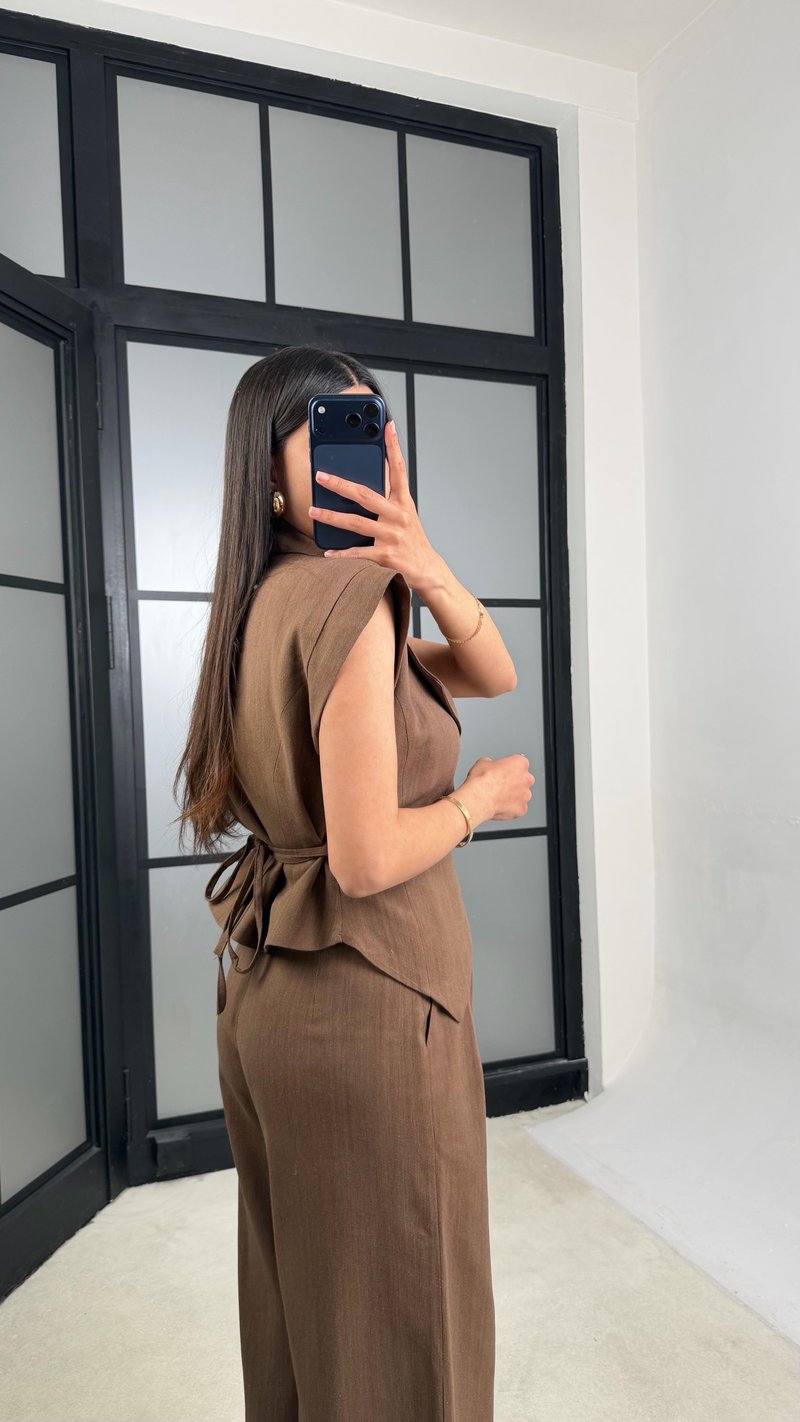 Kahve Kuşaklı Yelek Pantolon İkili Keten Takım GAUS-01447
