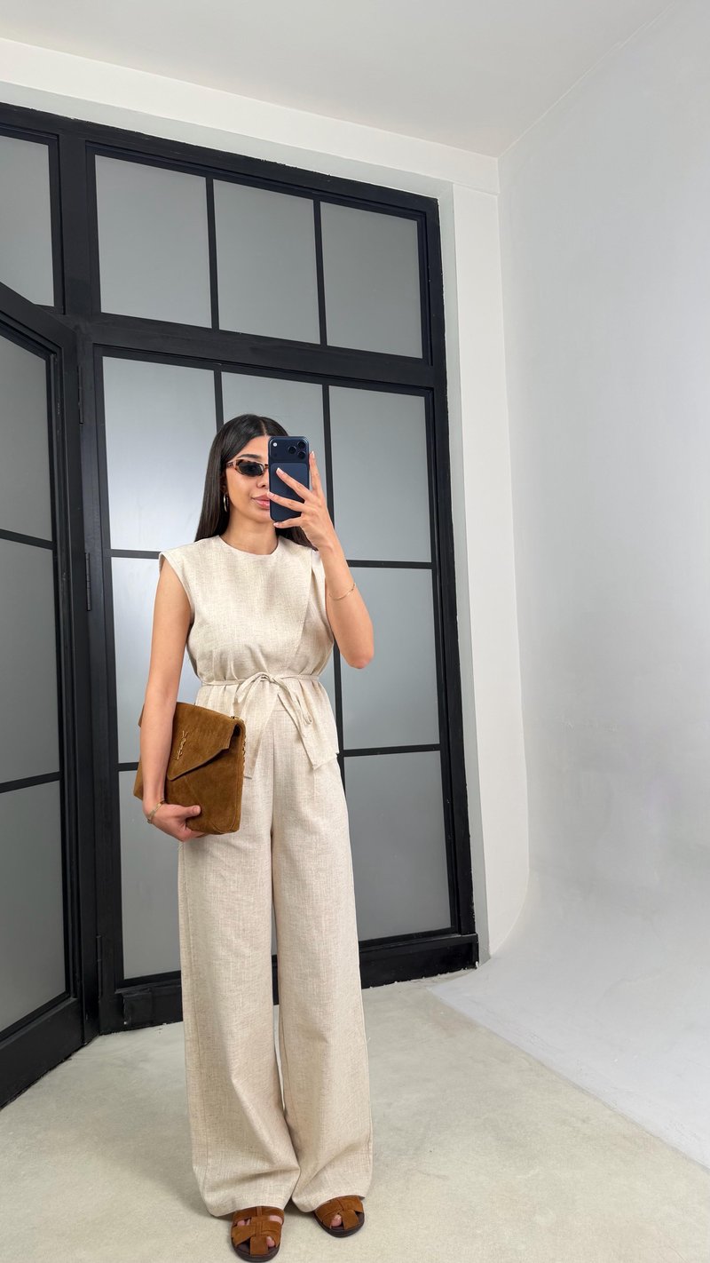 Taş Kuşaklı Bluz Beli Lastikli Pantolon İkili Keten Takım GAUS-01540