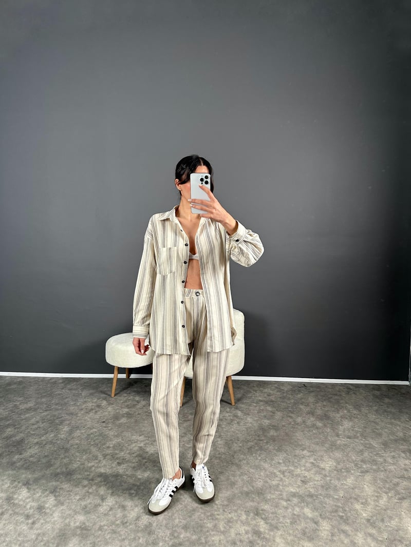 Miley Çizgili Oversize Keten İkili Takım 