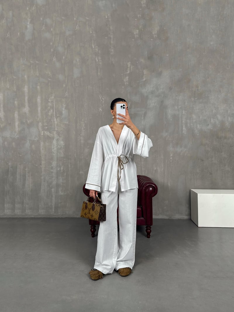 Beyaz Bağlamalı Keten Kimono Takım Gaus00034