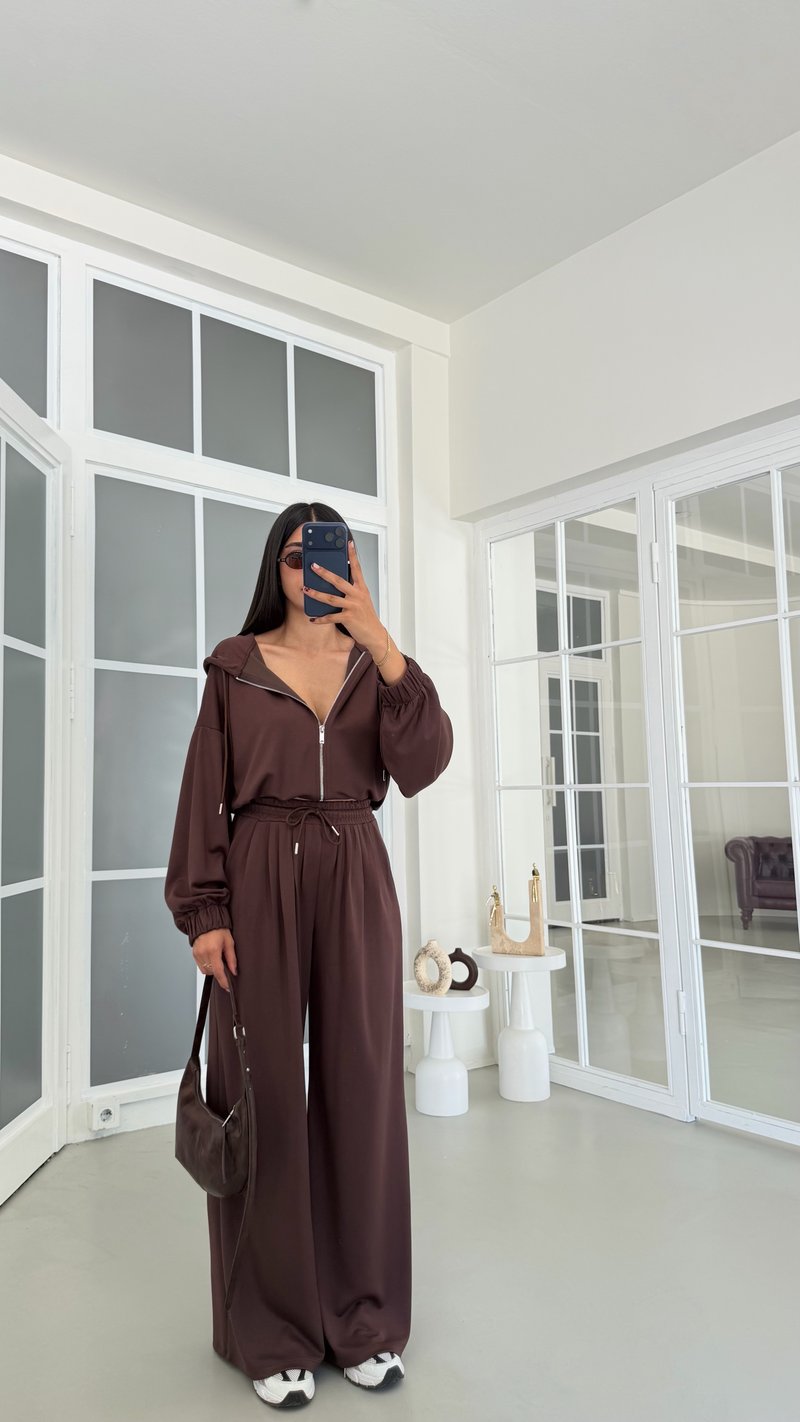 Kahve Kapüşonlu Hırka Beli Lastikli Pantolon İkili Takım GAUS-01901