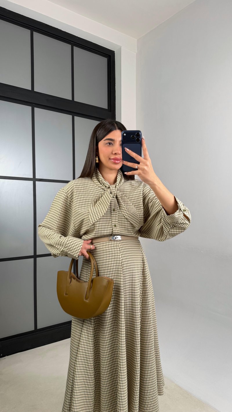 Yeşil Fular Detaylı Gömlek Etek İkili Ekoseli Takım GAUS-00980