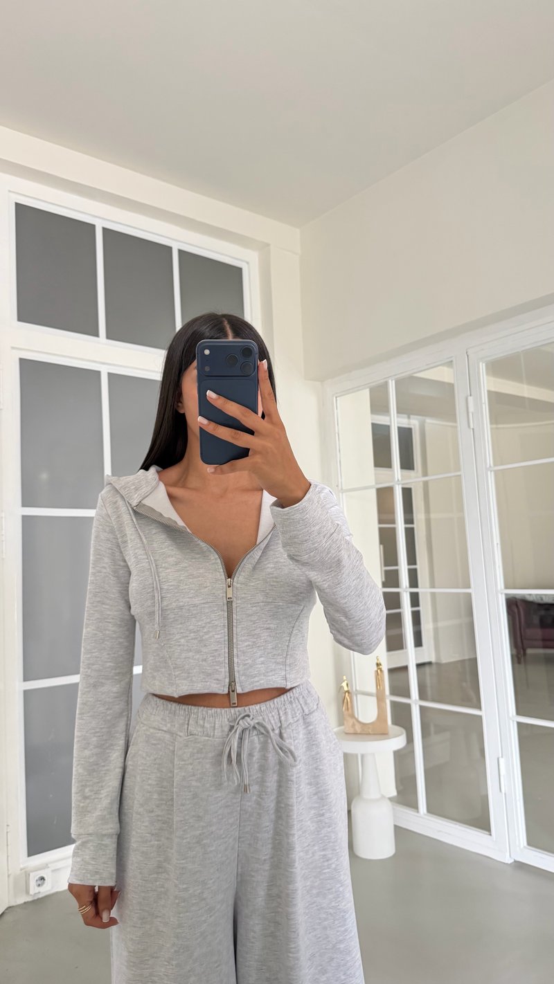 Gri Kapüşonlu Hırka Beli Lastikli Geniş Paça Pantolon İkili OYS Modal Kumaş Takım GAUS-02152