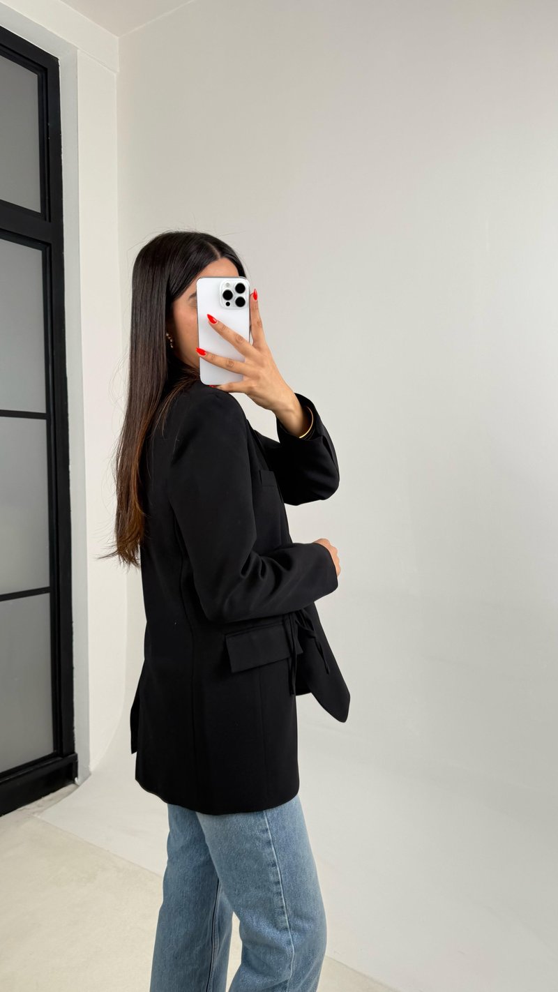 Siyah Astarlı Vatkalı Önden Bağlama Detaylı  Blazer Ceket GAUS-0068