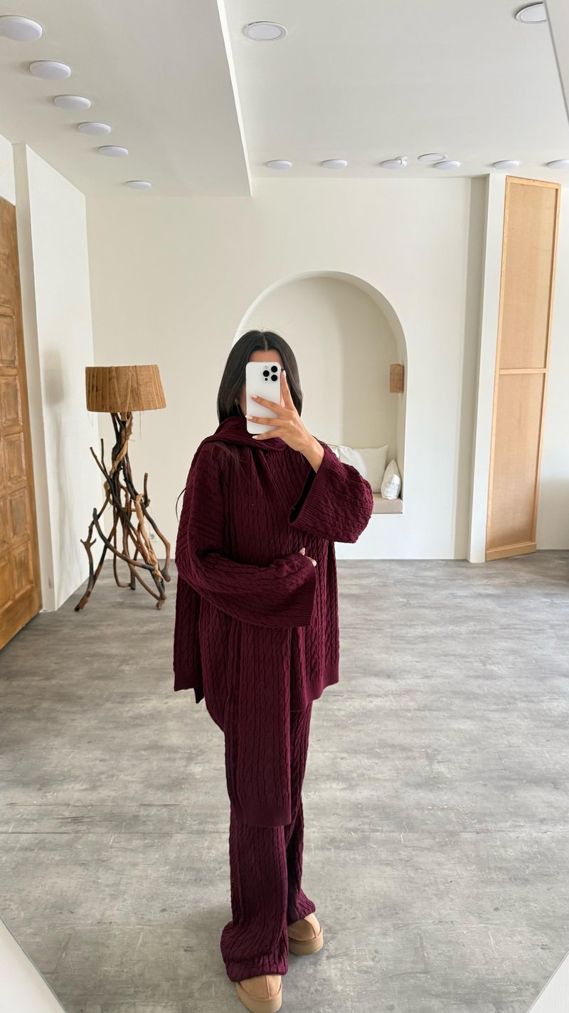 Bordo Kazak Atkı Beli Lastikli Pantolon 3lü Örgü Kumaş Takım GAUS-00212
