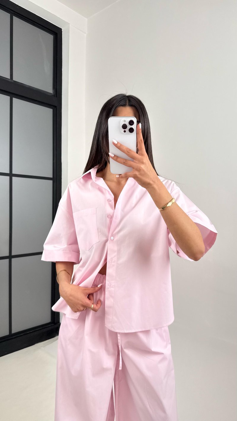 Pembe Yarım Kol Cepli Gömlek Beli Lastikli Pantolon Yarım Astarlı Pamuk Karışımlı Takım Gaus00356  