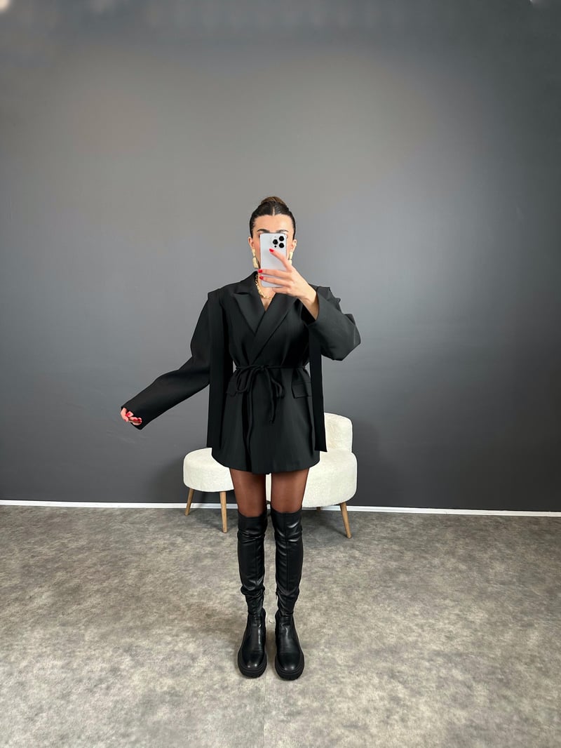 Anis Premium Siyah Çizgili Bağlamalı Astarlı Blazer Ceket 