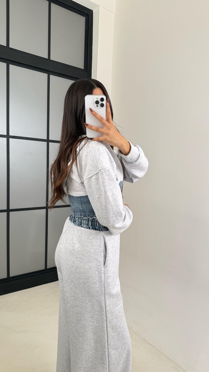 Gri Denim Detaylı Kapüşonlu Hırka Beli Lastikli Pantolon Tasarım Takım GAUS-00444