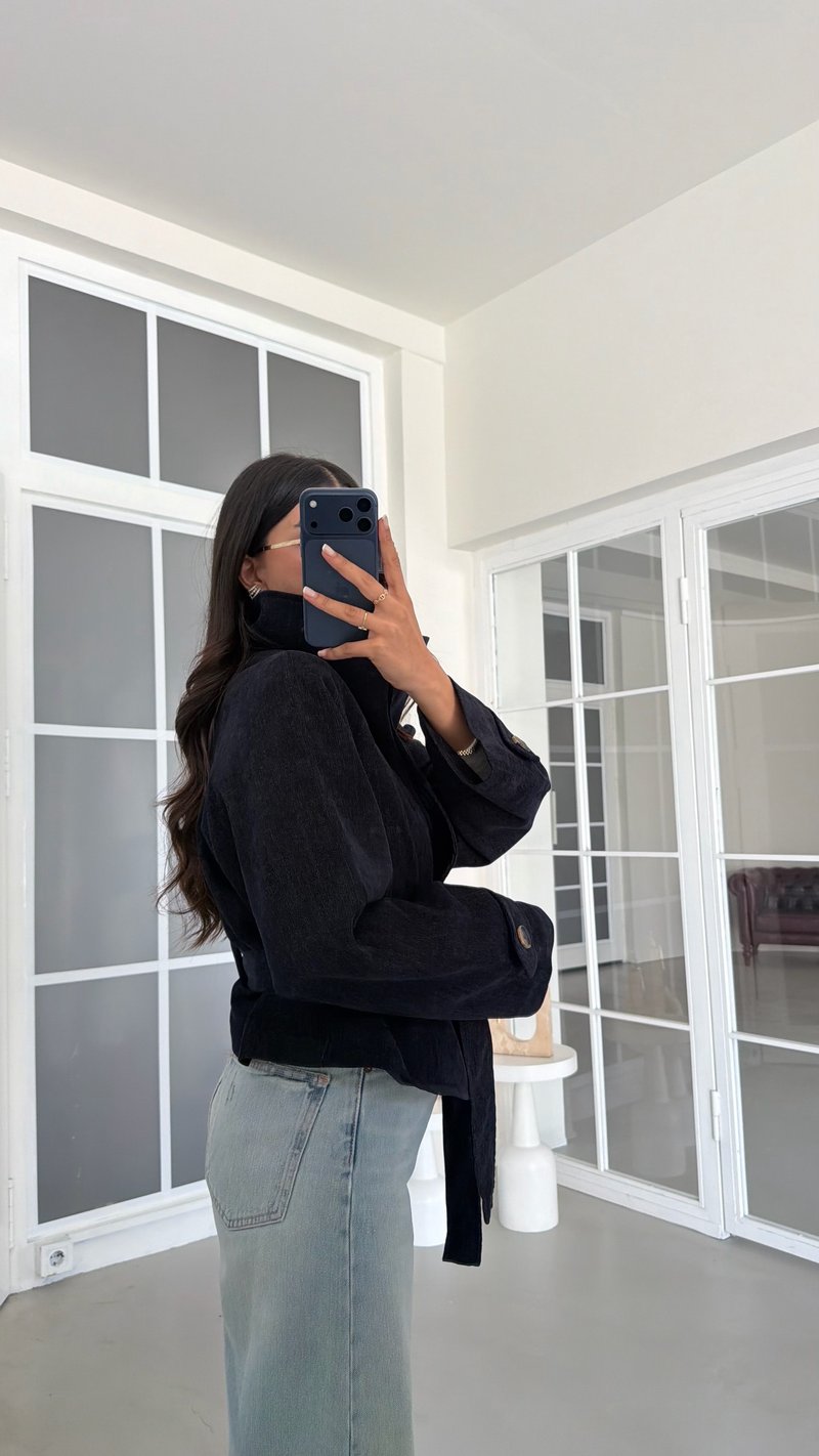 Lacivert Kuşaklı Astarlı Dik Yaka Ceket GAUS-02175