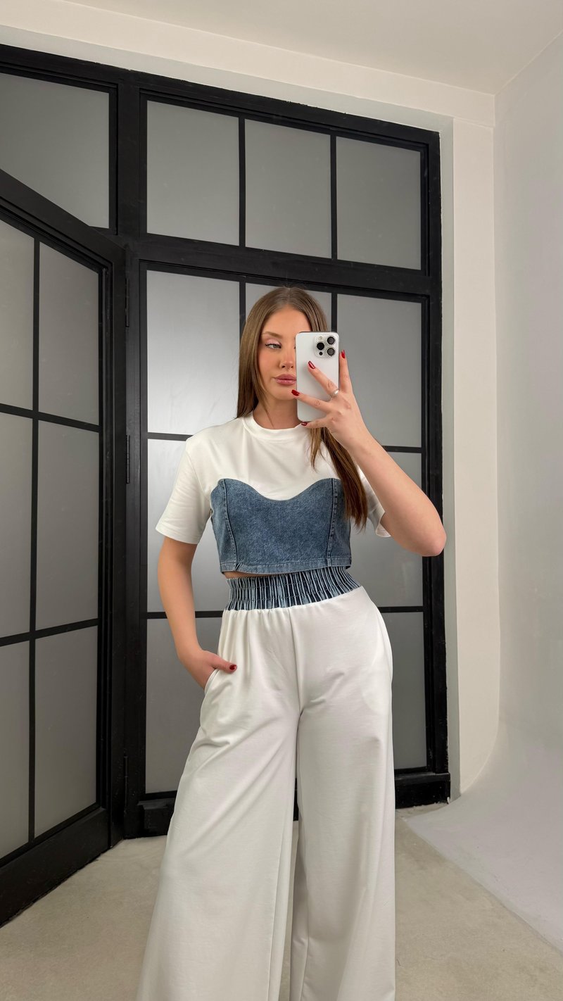 Beyaz Denim Detaylı Crop Beli Lastikli Pantolon Premium Takım GAUS-01273