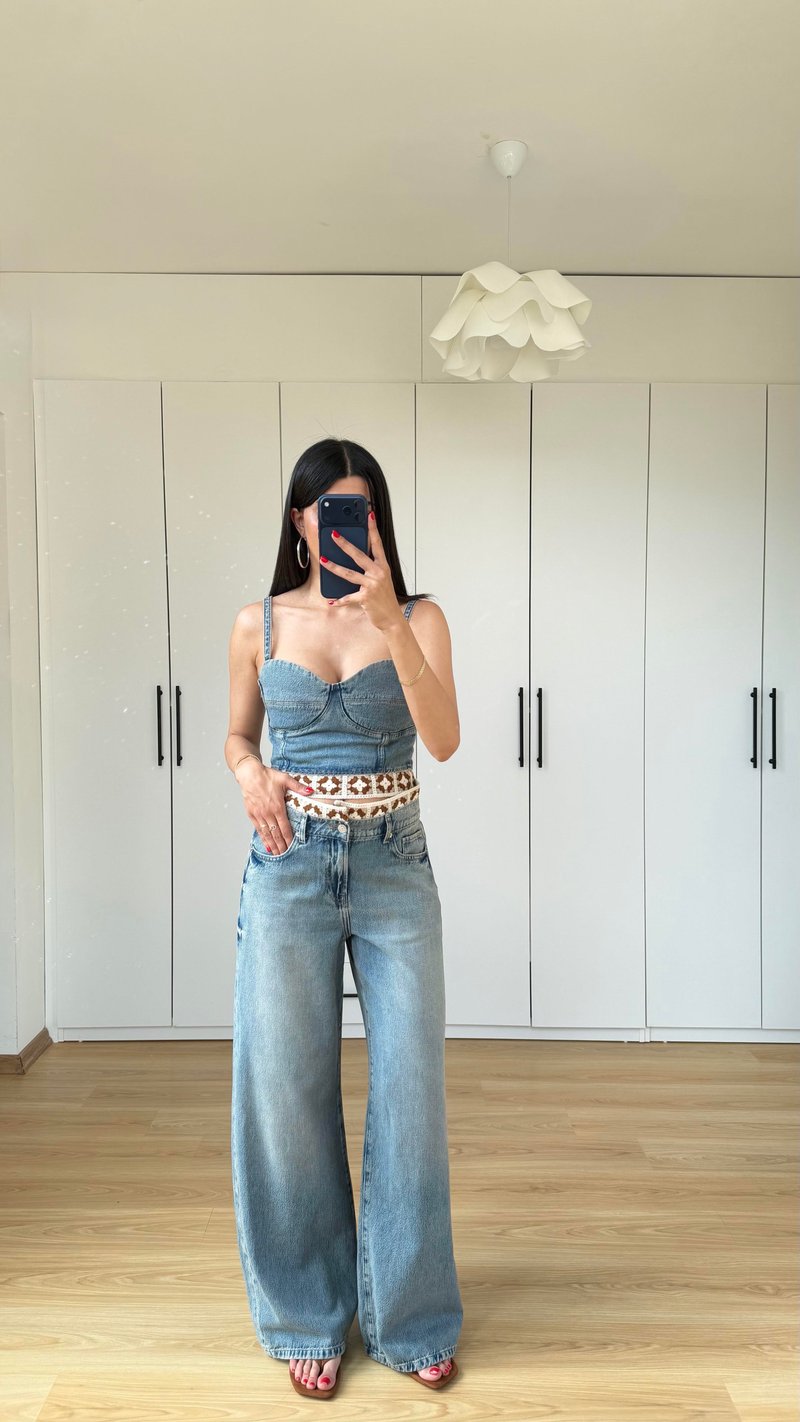 Mavi Nakış Detaylı Crop Pantolon İkili Denim Takım GAUS-01596