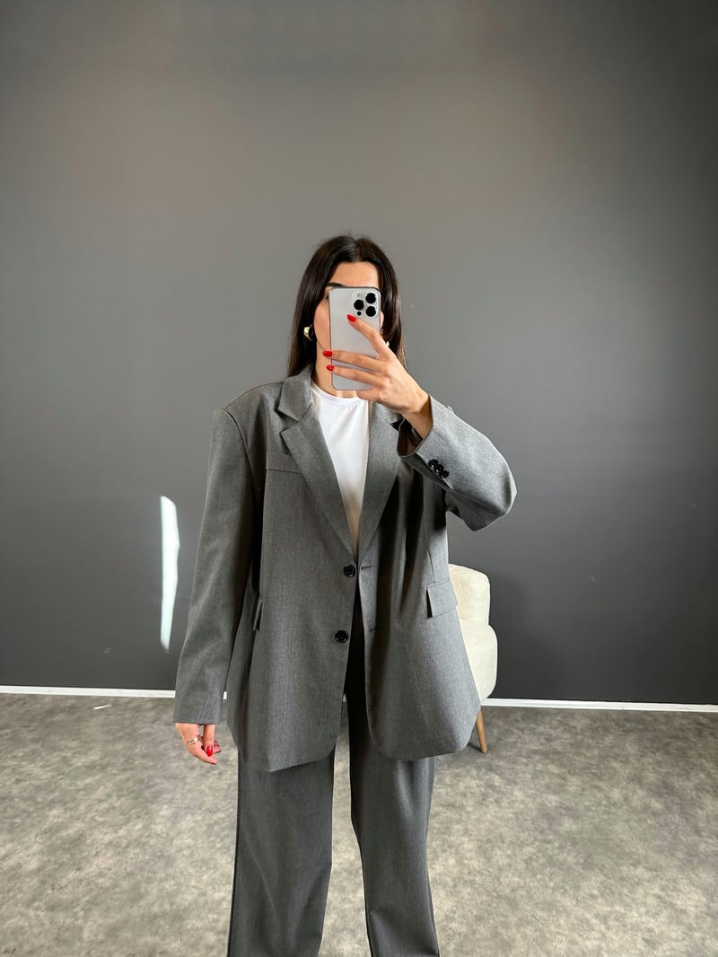 Pascal Gri Oversize Astarlı Blazer Ceket