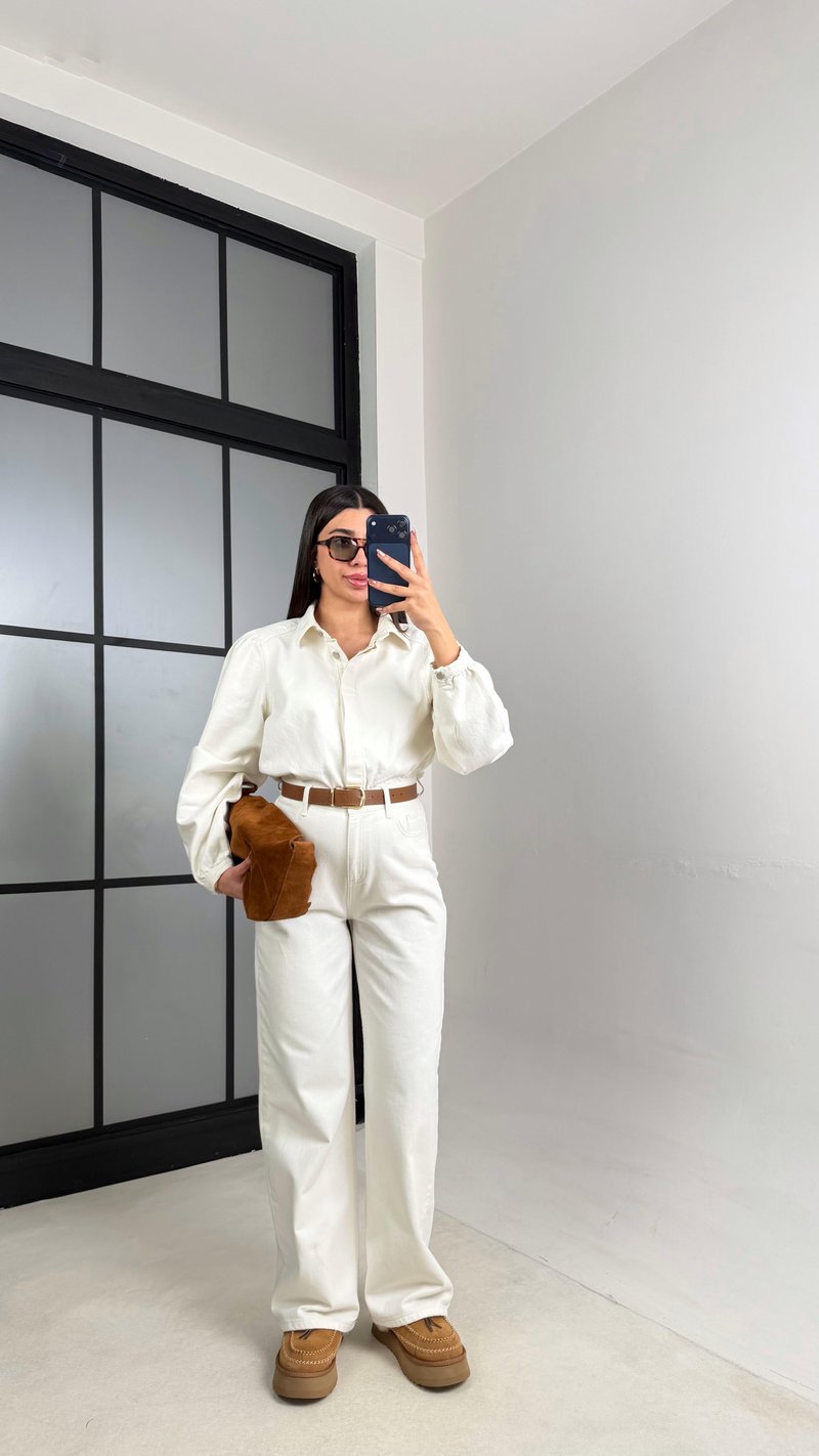 Ekru Kemerli Premium Denim Tulum GAUS-00673