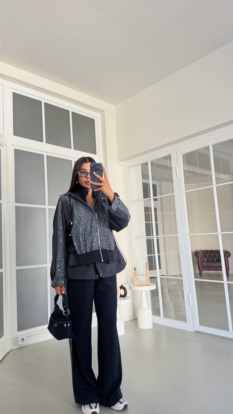 Lacivert Pullu Beli Lastikli Ceket Pantolon Paraşüt Detaylı Modal Takım GAUS-02048