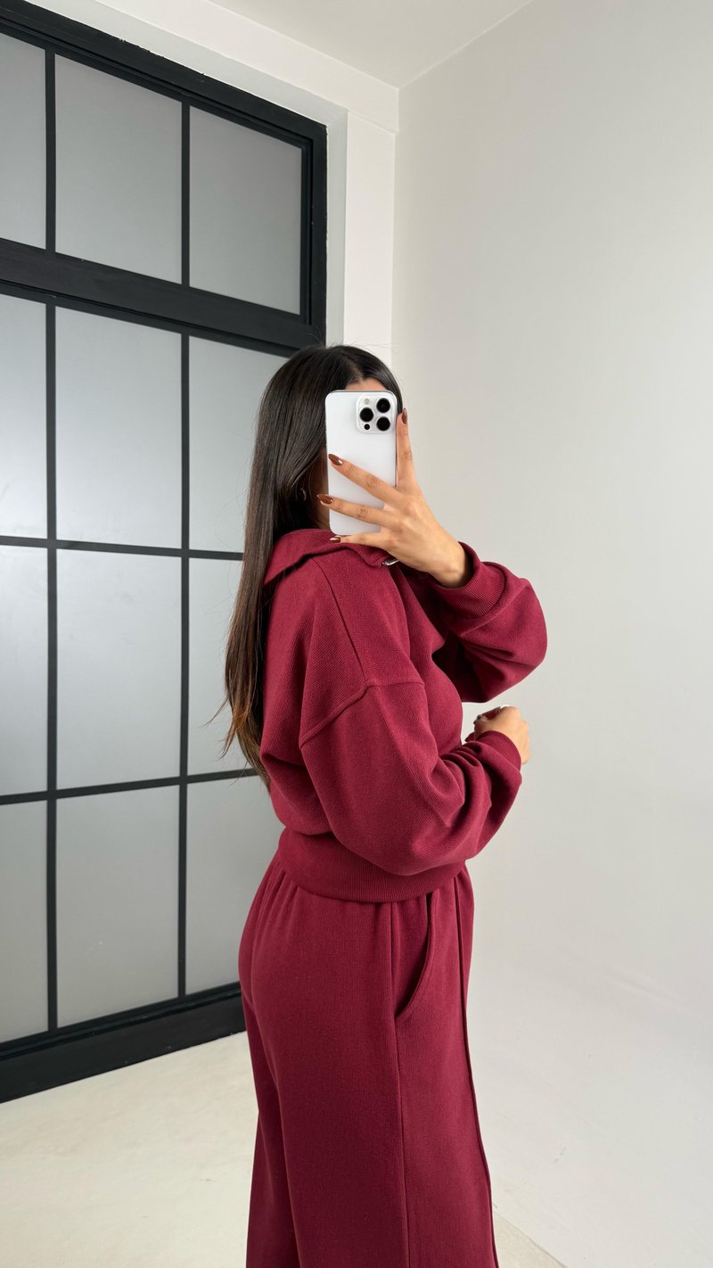 Bordo Selanik Tshirtlü 3Lü Örme Takım GAUS-00154