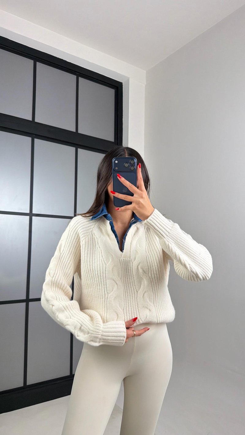 Krem Denim Yaka Detaylı Örgü Kazak GAUS-00929