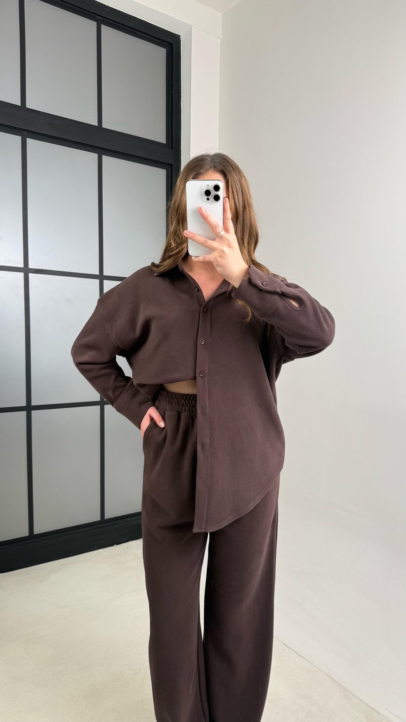 Kahve Gömlek Beli Lastikli Pantolon MD Muadil Selanik Kumaş Takım GAUS-00938