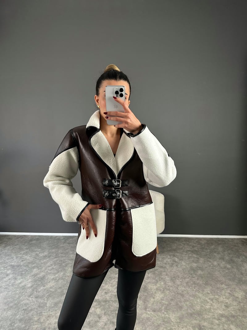 Rimi Kahverengi İçi Peluş Tasarım Kemer Detaylı Mont 