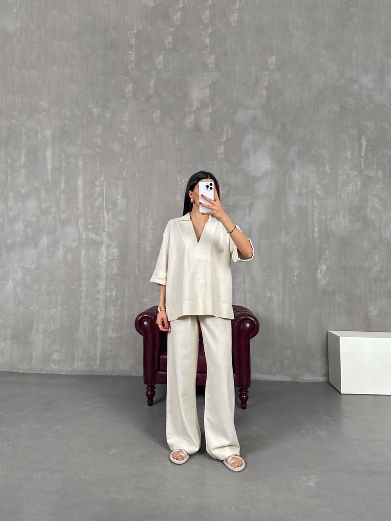 Gem V-Neck Linen Set Gaus00159