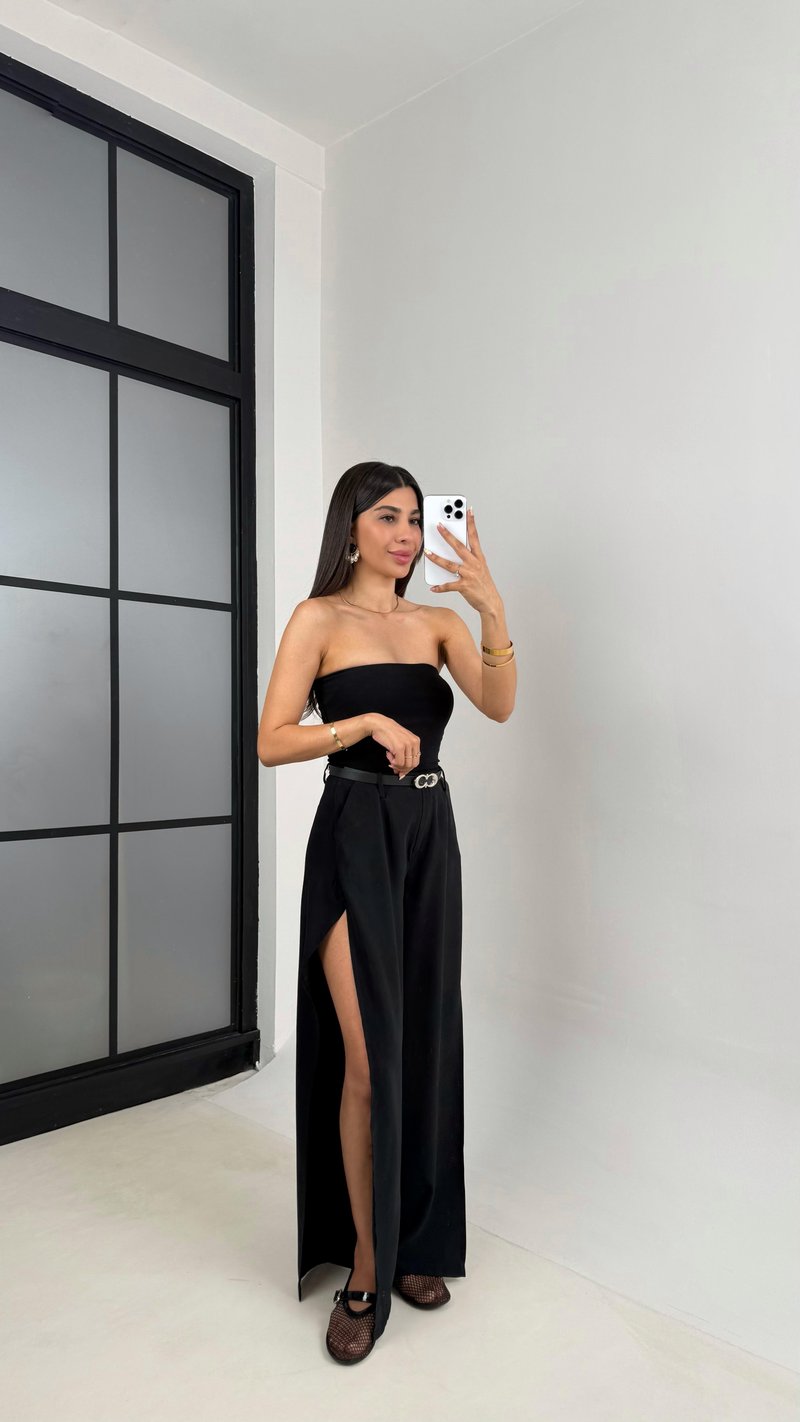 Siyah Yan Yırtmaçlı Kemerli Tencel Pantolon Gaus00639