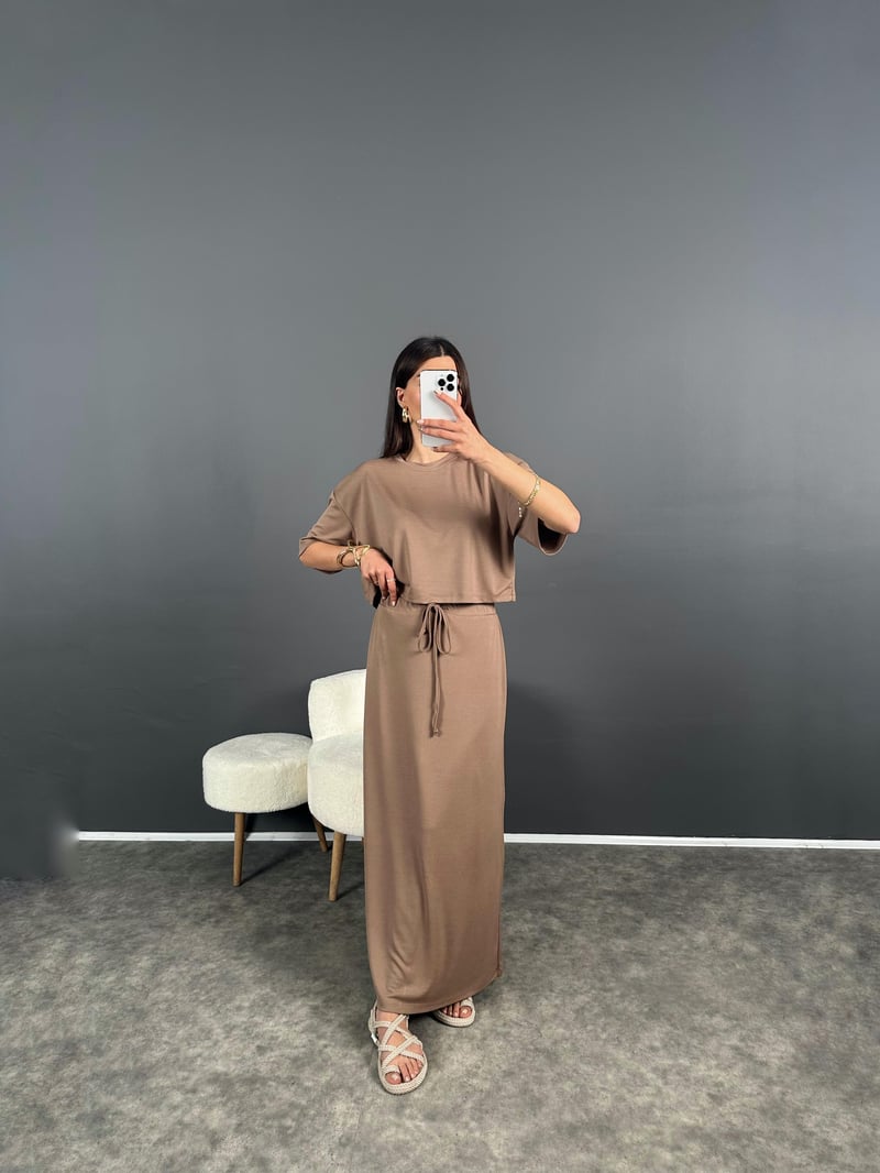 Creon Kahve Modal Kumaş Etekli Tshirt Takım 