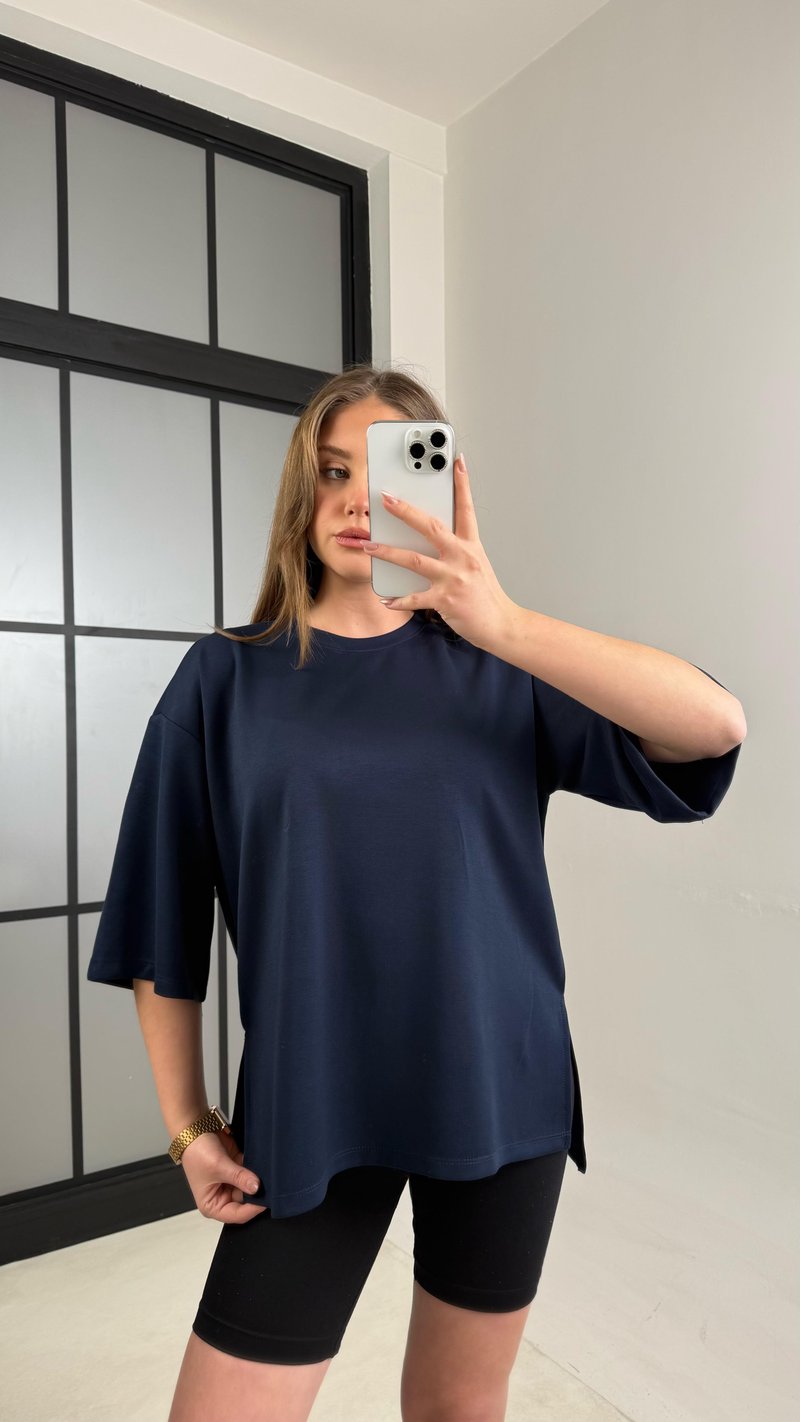 Lacivert Basic Yırtmaç Detaylı Modal Tshirt GAUS-01060