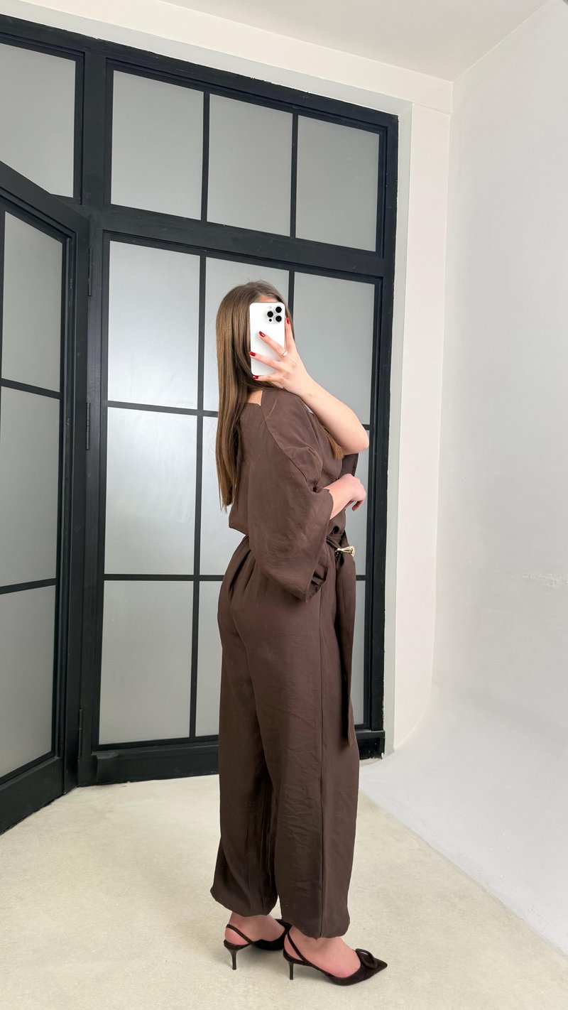 Kahve Gold Toka Detaylı Bluz Şalvar Pantolon İkli Tasarım Takım GAUS-01271