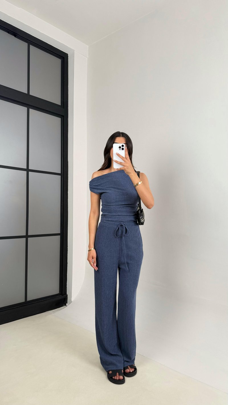 Mavi Asimetrik Bluz Beli Lastikli Pantolon Bürümcük Takım Gaus00532