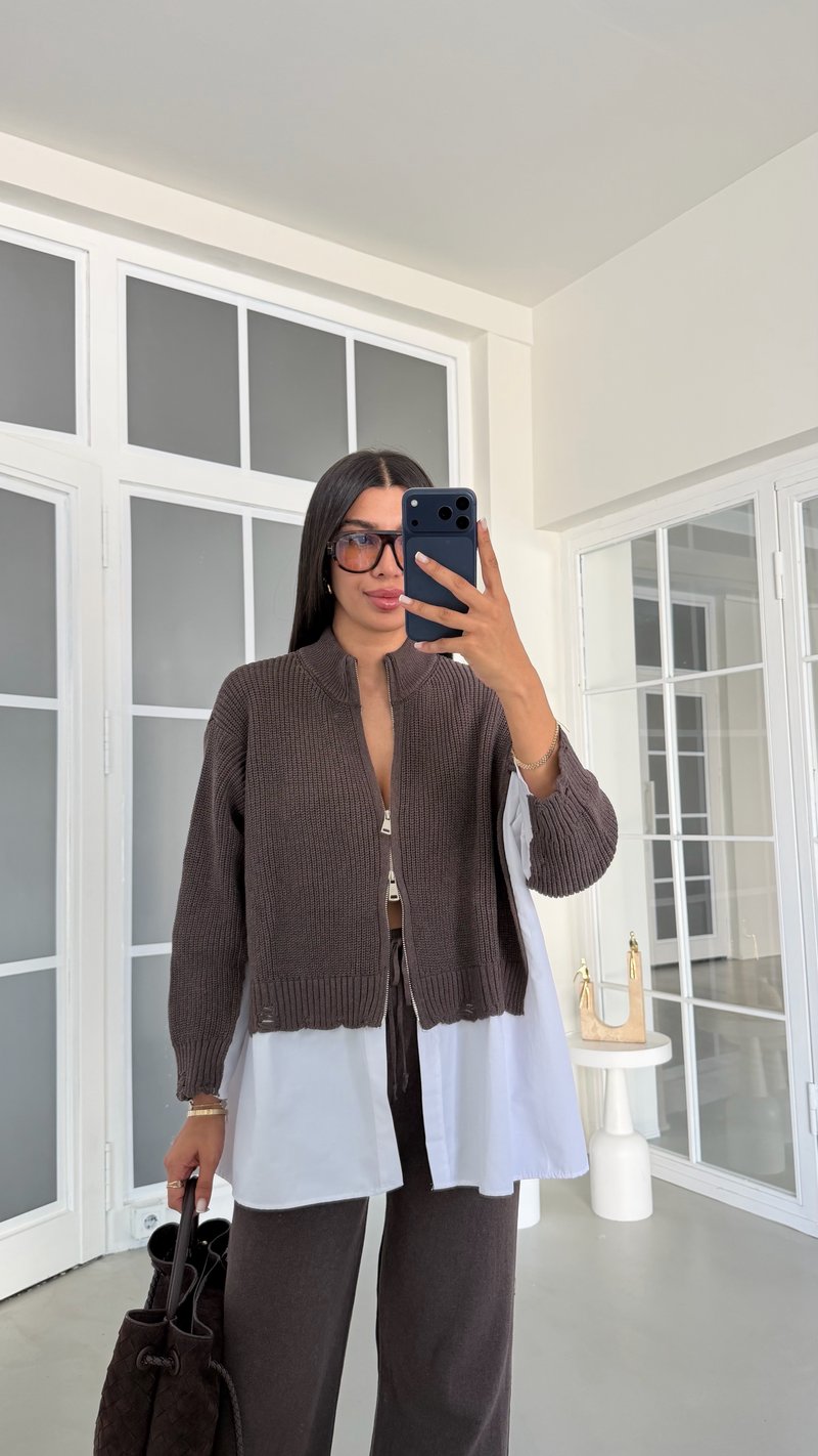 Kahve Gömlek Detaylı Örme Hırka Beli Lastikli Cepli Pantolon İkili Triko Takım GAUS-02132