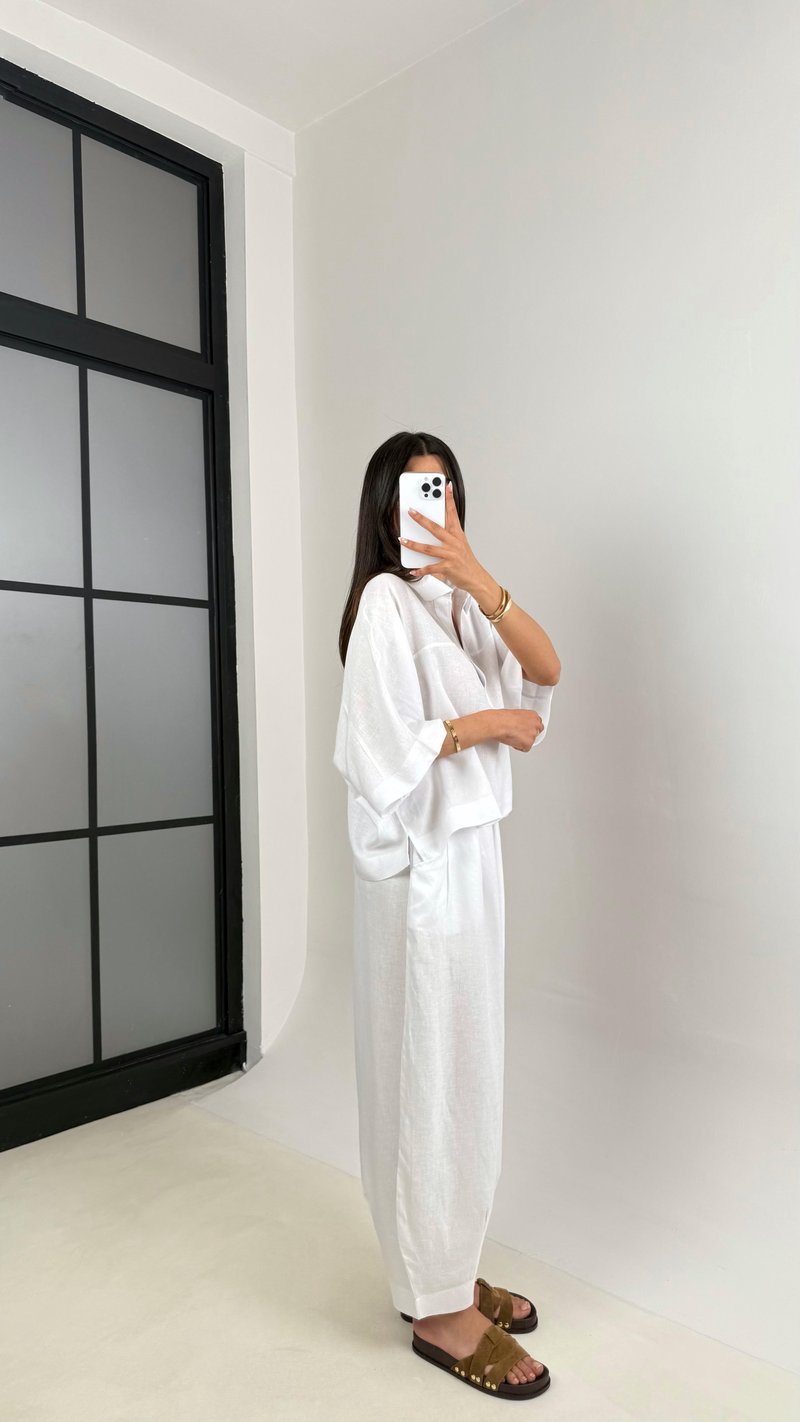 Beyaz Polo Yaka Yarasa Kol Bluz Şalvar Pantolon Md Muadil Premium Keten Takım Gaus00542