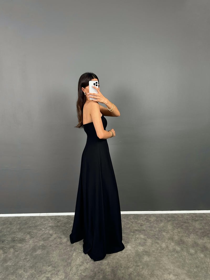 Afro Siyah Straplez Pamuk Karışımlı Elbise