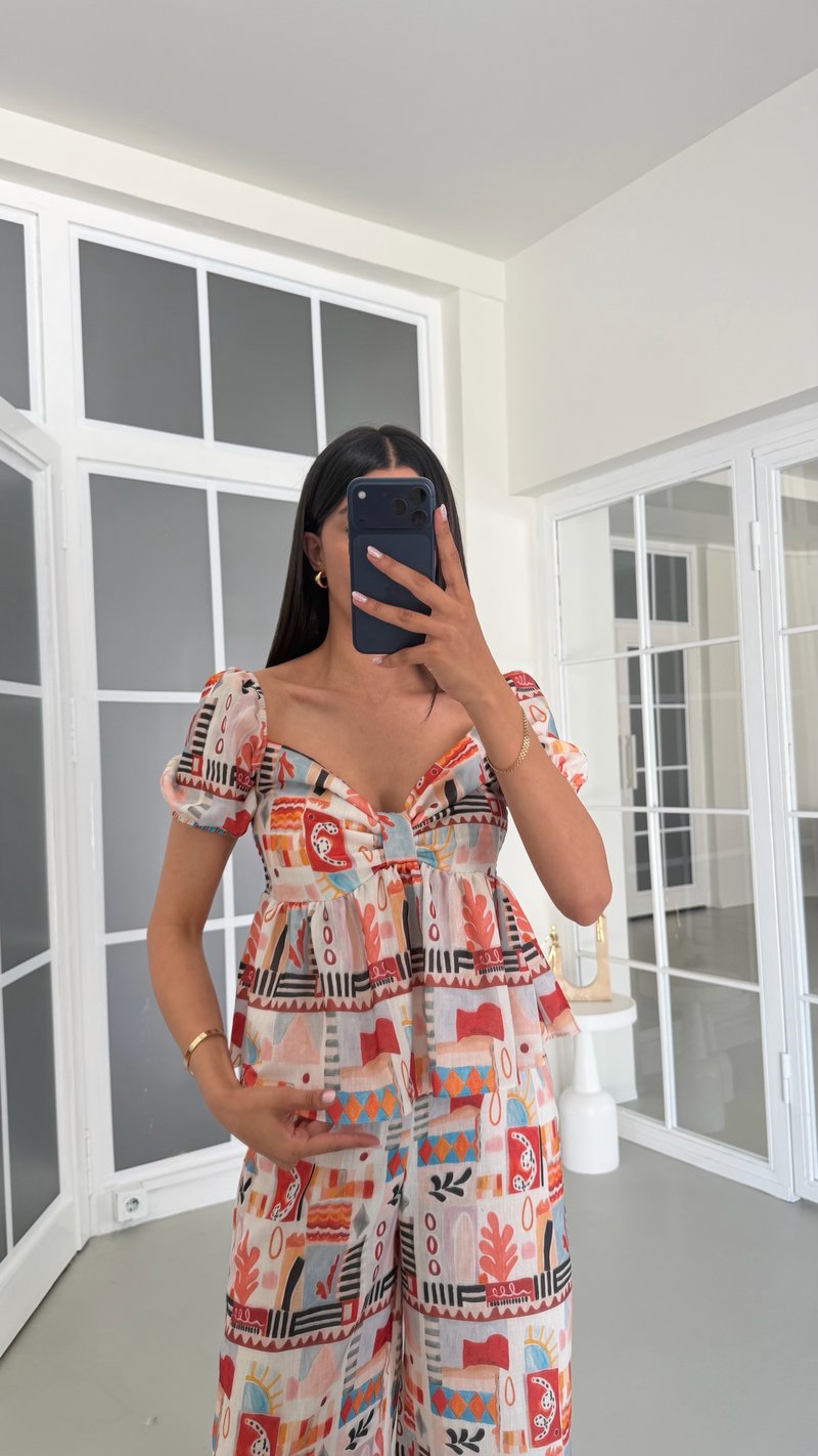 Çok Renkli Balon Kol Bluz Pantolon Desenli Keten Takım GAUS-01758