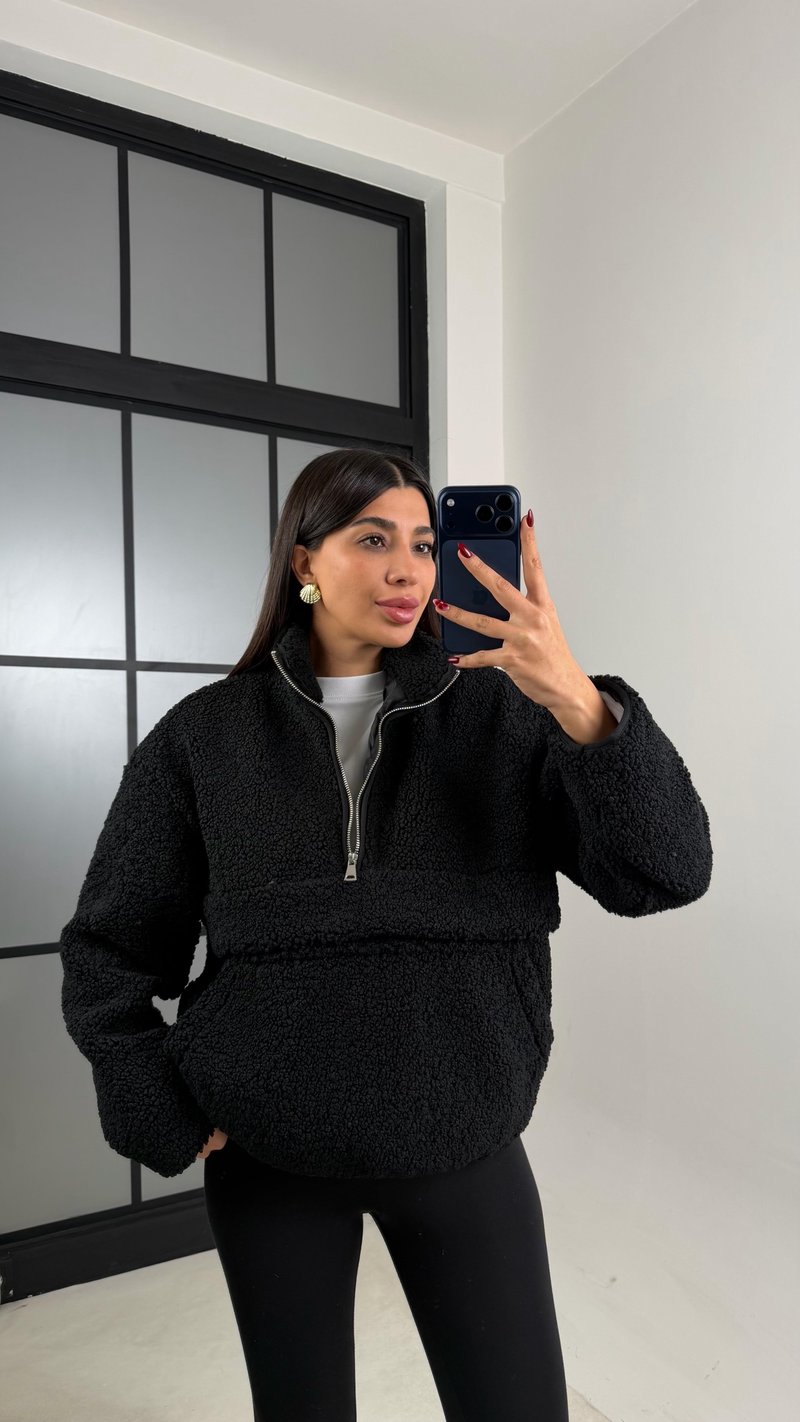 Siyah Cepli Yaka Fermuarlı Peluş Sweatshirt GAUS-00672