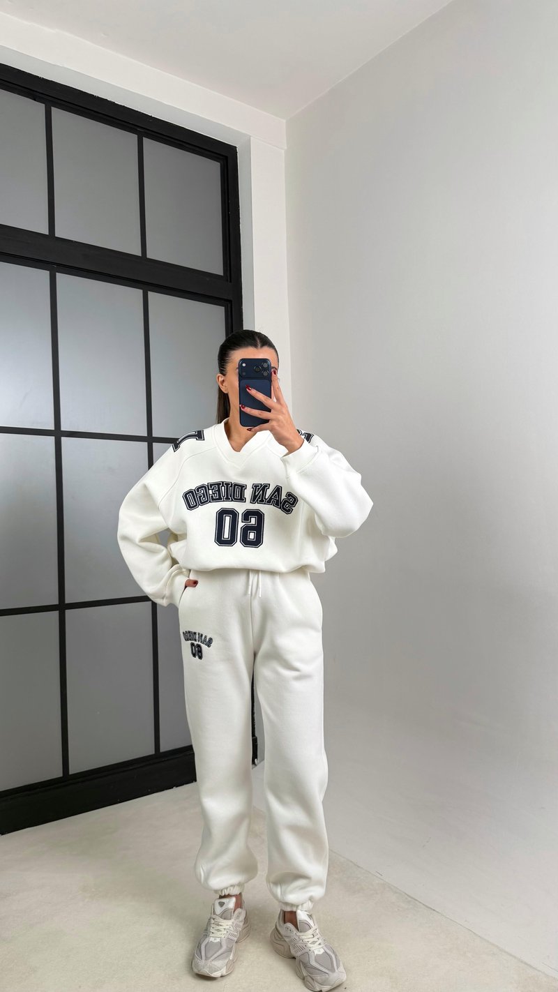 Beyaz ZR Model Baskılı Şardonlu Sweatshirt Eşofman Takım GAUS-00751