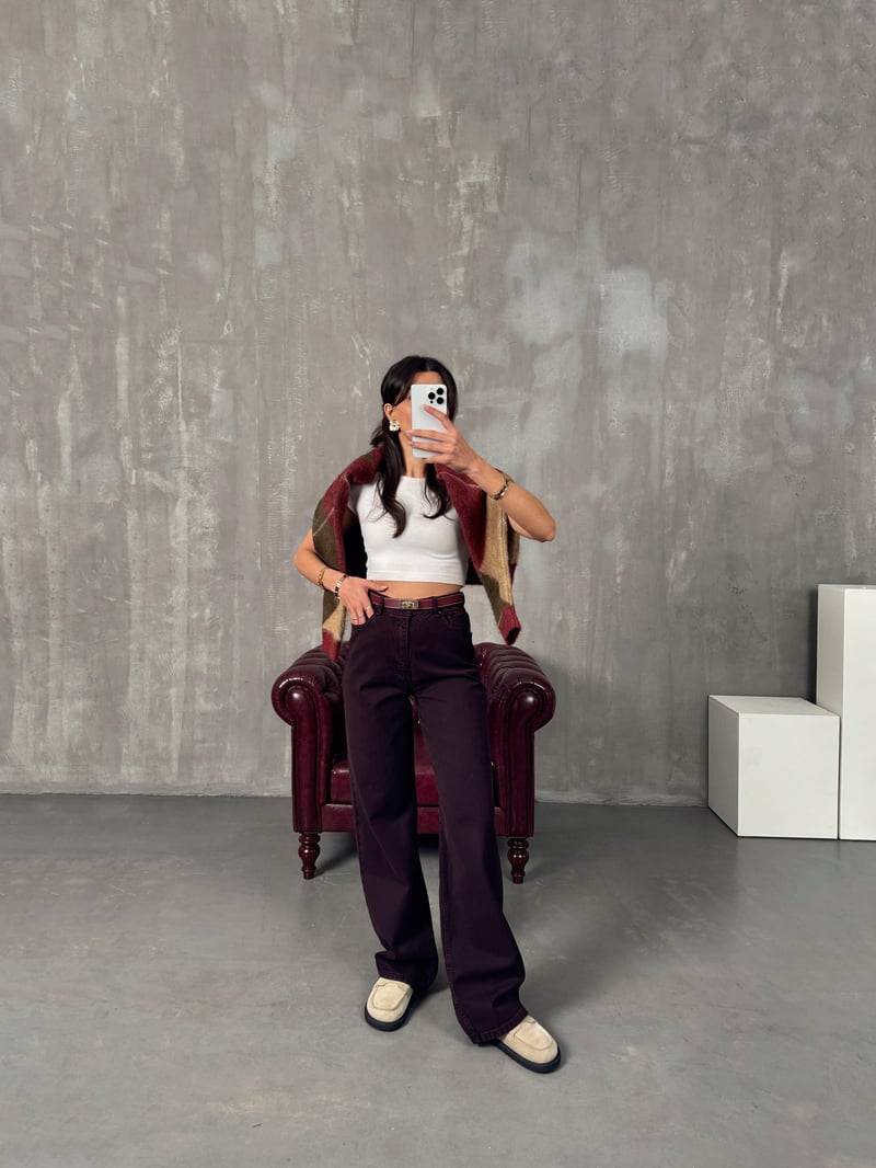 Targi Bordo Yüksek Bel Wide Leg Jean