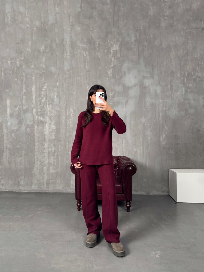 Versa Bordo Selanik Kumaş Kazak Pantolon Takım