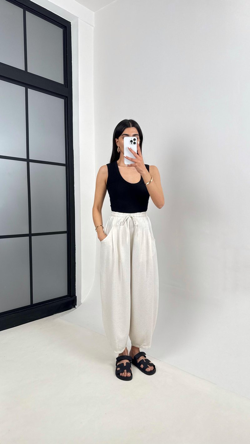 Taş Beli Lastikli Cepli Balon Keten Pantolon Gaus00391
